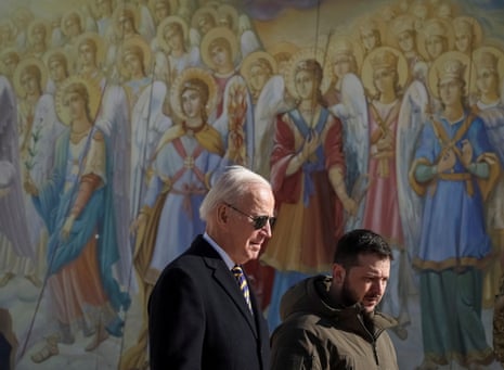 Ukraine’s president Volodymyr Zelenskiy and US president Joe Biden walk next to Saint Michael’s cathedral in Kyiv, Ukraine.
