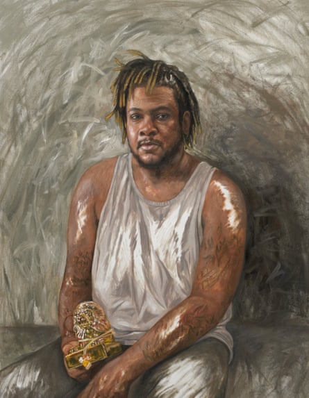 Painting of a young Black man with blond-tipped short locs, wearing a gray tank top and gray jeans, holding what looks like a gold lion lamp or statue with an electrical cord wrapped around it