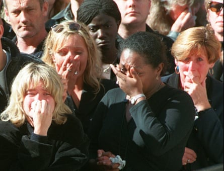 Mourners in Whitehall, London, during the funeral service for Diana, Princess of Wales, in 1997.