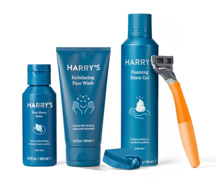 Harry’s shave kit including a bottle of post shave balm, a tube of face wash and a bottle of shaving gel. There is also a Harry’s razor and razor cap.