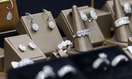 Rings and earrings in the diamond quarter of Antwerp, Belgium.