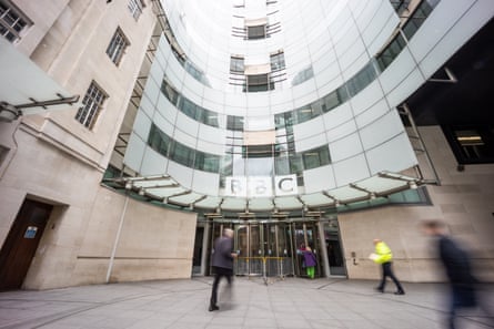 The courtyard of the BBC headquarters in London with a curving view of the doorway and glass windows. Blurred people are walking around.