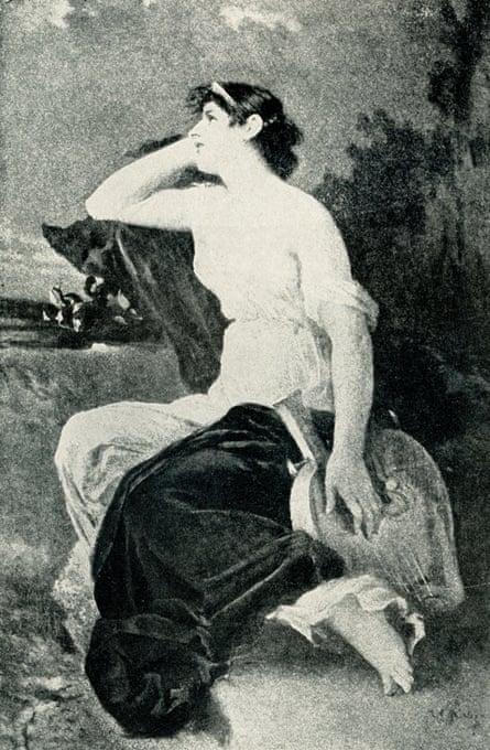 The Greek poet Sappho looks into the distance in a black and white painting called Sappho’s Reverie, by Wilhelm Kray, 1900.