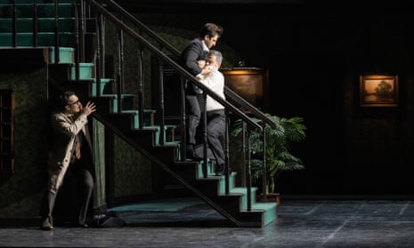 Leporello (Mikhail Timoshenko), Don Giovanni (Andrey Zhilikhovsky) and The Commendatore (Jerzy Butryn) in Mariame Clement’s staging of Don Giovanni at Glyndebourne.