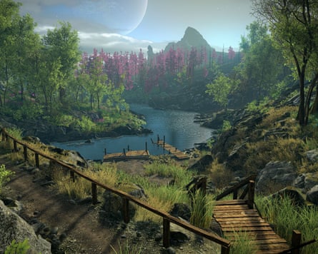 Still from the video game Eastshade, showing the vista of a lake in the middle of a lush forest, with the outline of a mountain in the background