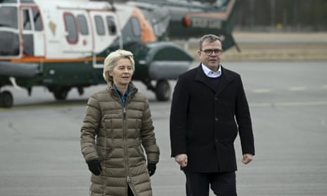 President of the European Commission Ursula von der Leyen (L) and Finnish Prime Minister Petter Orpo arrive for their joint press conference at the Lappeenranta airport, eastern Finland.