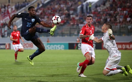 Danny Welbeck scores England’s third goal in the 2018 World Cup qualifier against Malta