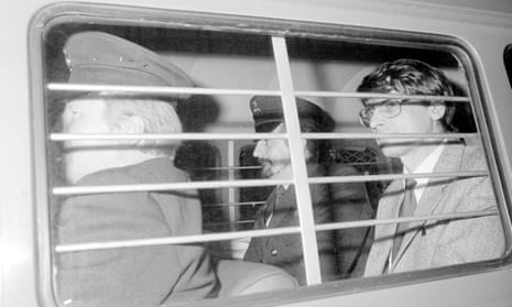 Mass murderer Dennis Nilsen is driven away after being sentenced to a minimum of 25 years in jail in 1983.