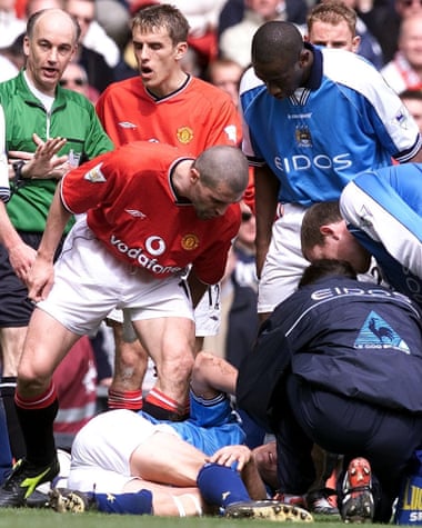 Roy Keane berates Alfie Haaland after injuring him with a vicious tackle during the Manchester derby in April 2001.