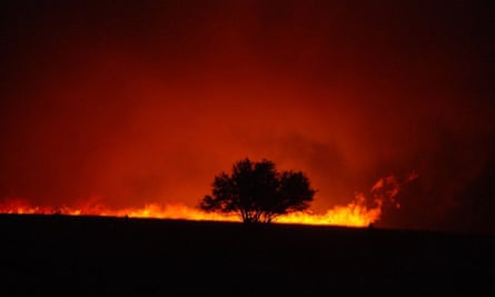 A bush blaze rages during the fight to save the township in February 2009 in Taggety, near Marysville. 
