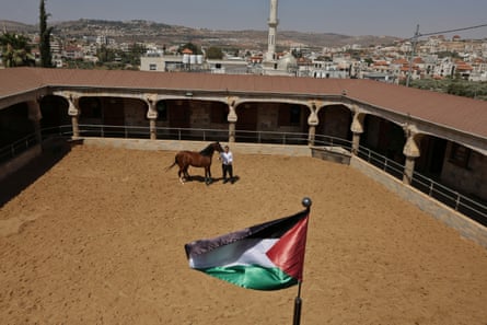 Ashraf Rabi with a horse in an exercise yard