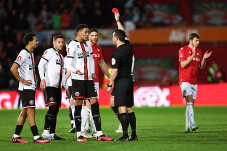 Daniel Jebbison of Sheffield United receives a red card