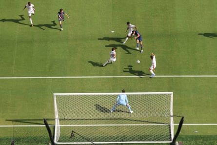 Gonçalo Ramos (second right) scores PSG’s fourth goal against Real Madrid.