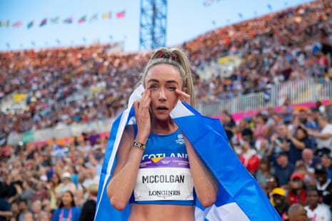 Eilish McColgan of Scotland sheds a tear after winning the 10,000m women’s final.