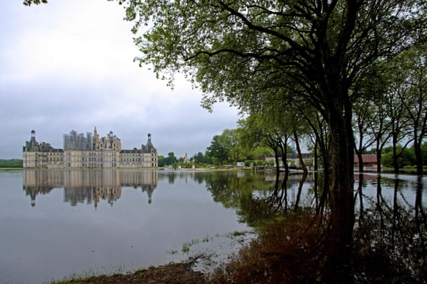 Chateau de Chambord seen across floodwaters in the Loire Valley.