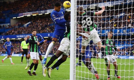 Levi Colwill scores Chelsea’s second goal against Brighton.