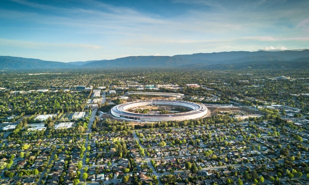 An aerial photo of Cupertino, showing Apple’s new campus.