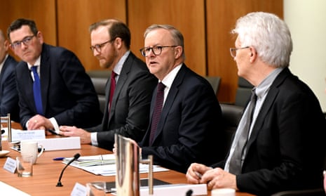 Prime minister Anthony Albanese (centre) is seen during today’s national cabinet meeting with state premiers and Territory leaders at the Commonwealth Parliament Offices in Brisbane, Wednesday 16 August.