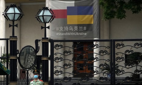 The Polish embassy in Beijing displays a banner in support of Ukraine.