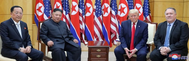 Trump meets with Kim Jong-un, Mike Pompeo and North Korean foreign minister, Ri Yong-ho at the demilitarised zone.