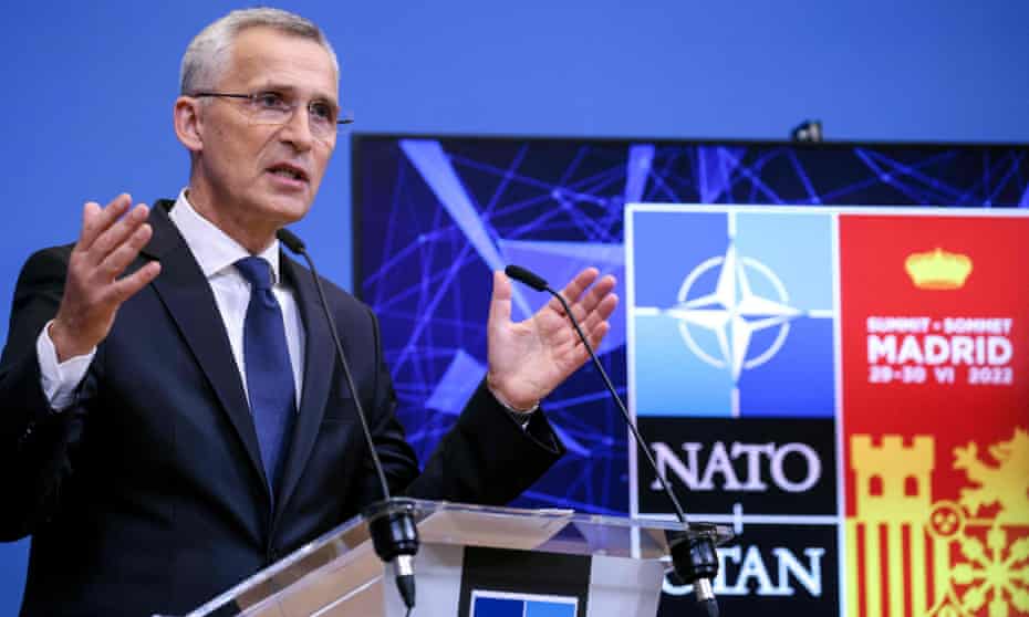 Jens Stoltenberg speaks during the press conference to preview the Nato summit in Madrid on Monday