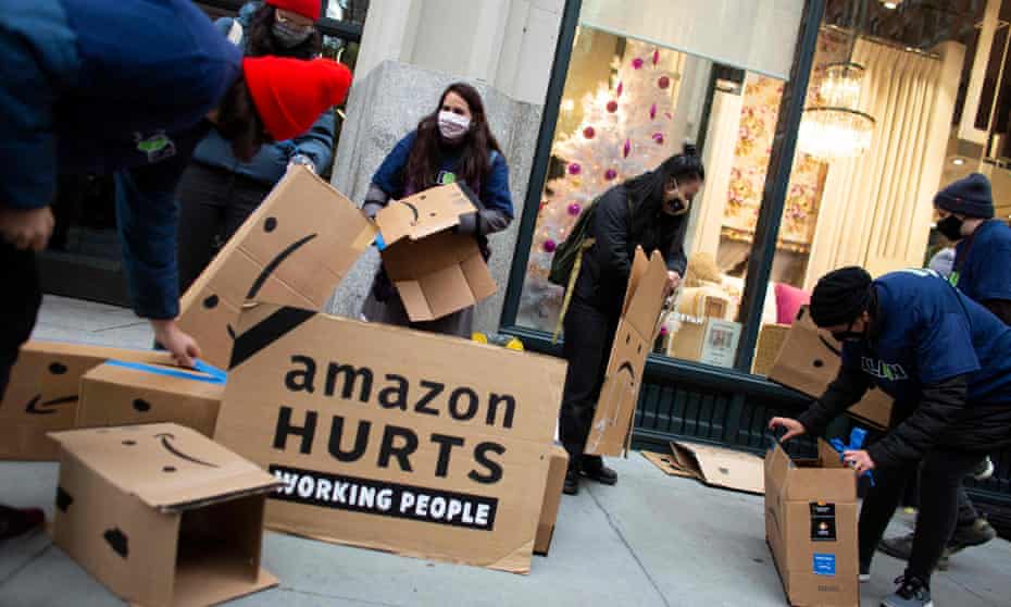 An Amazon protest in New York. ‘Unbelievably, the two richest people in America, Jeff Bezos and Elon Musk, now own more wealth than the bottom 40% of Americans combined.’
