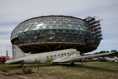 A formally used Yugoslav passenger aircraft sits in front of the Aeronautical Museum in Belgrade, Serbia
