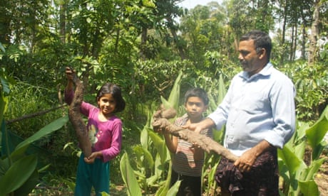 A man, a boy and girl all hold large tubers standing in a clearing among tropical trees