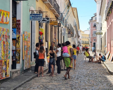 Tourists in Pelourinho, the beautifully restored historic center of Salvador de Bahia.