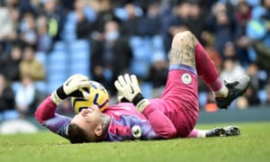 Manchester City’s goalkeeper Ederson reacts after a save.