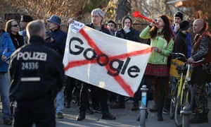 Protesters outside the Umspannwerk building in Kreuzberg, Berlin, where Google plans to set up a campus.