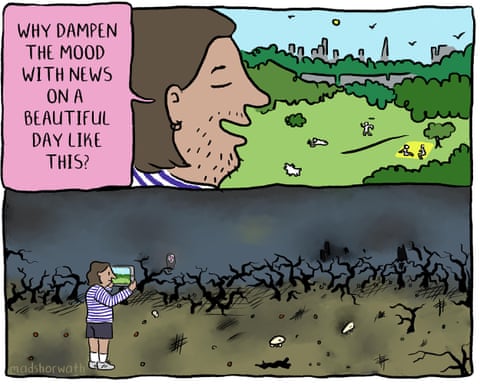Madeline Horwath on how to block out bad news – cartoon, panel 1