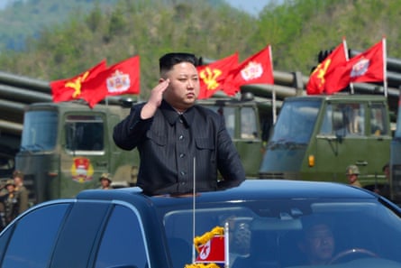 North Korea’s leader Kim Jong-un watches a military drill in April.