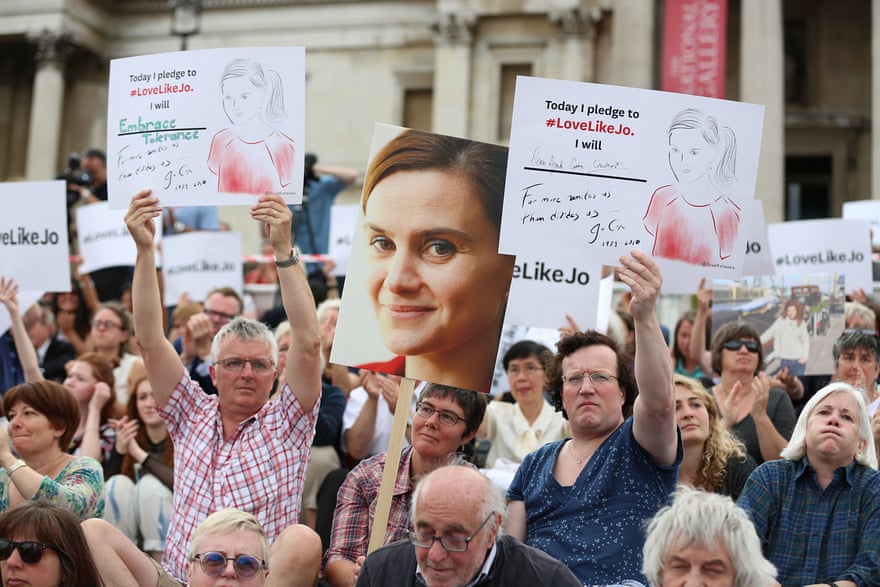 Supporters at a rally in Trafalgar Square, London, celebrate what would have been the Jo Cox’s 42nd birthday on 22 June 2016.