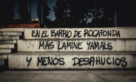 ‘In the Rocafonda neighbourhood, more Lamine Yamals, fewer evictions’ painted on concrete