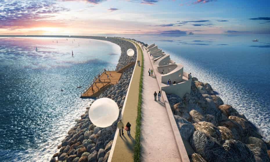 Tidal Lagoon Power’s visualisation of a six-mile sea wall with turbines to generate low-carbon electricity at Swansea Bay
