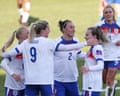 Alessia Russo celebrates with England teammates after scoring against Iceland in World Cup qualifier.