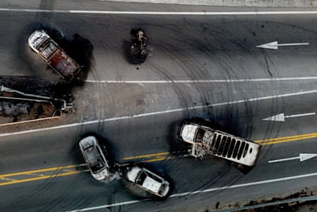 Aerial view of burned cars and trucks