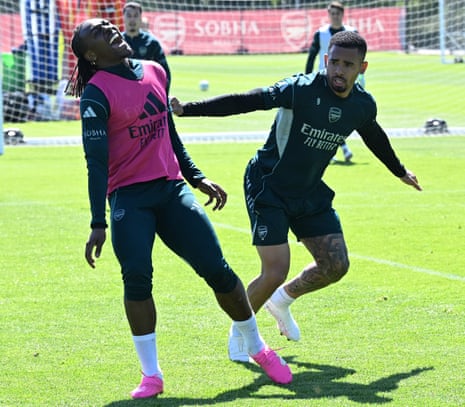 Eberechi Eze and Gabriel Jesus of Arsenal during a training session