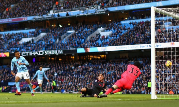 Gabriel Jesus scores Manchester City’s third goal.