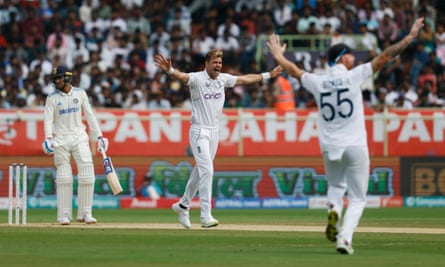 England's Jimmy Anderson appeals unsuccessfully for the wicket of India's Shubman Gill.