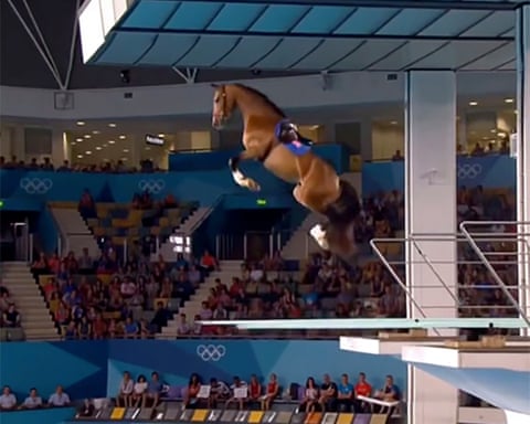 A screengrab from an AI-generated video of a horse on a diving board qhiukiqrihzinv
