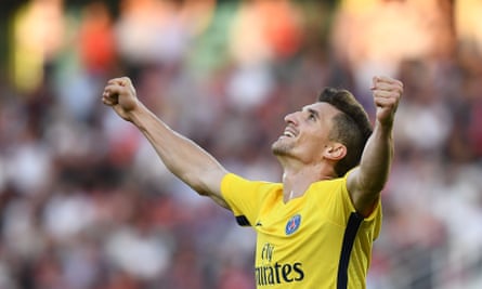 Thomas Meunier celebrates after scoring for PSG against Dijon.
