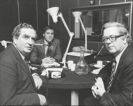 Brian Hayes, centre, presenting his LBC show, which featured interviews with politicians, on this occasion, in April 1979, the chancellor Denis Healey, left, and the shadow chancellor Geoffrey Howe.