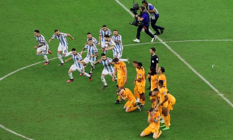 Argentina’s players show little sympathy for their Netherlands counterparts after their penalty shootout win in the quarter-finals.
