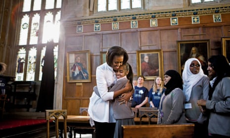 Michelle Obama at Oxford University with London schoolgirls.