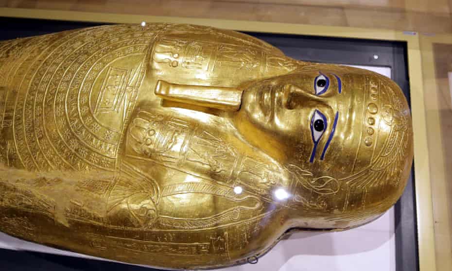 The golden coffin of Nedjemankh displayed at the National Museum of Egyptian Civilization (NMEC) after it was handed over by US authorities, in Cairo, Egypt, on 1 October 2019. 