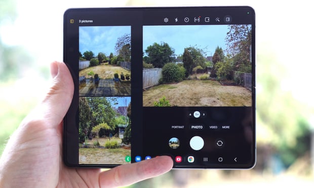 The Samsung camera app showing the viewfinder and recently taken photos on the Z Fold 4's interior tablet screen.