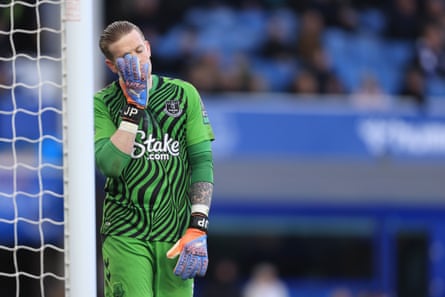 Jordan Pickford, the Everton goalkeeper, looks dejected during the match
