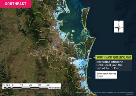 Map showing risk to coastal areas in south-east Queensland and projected economic damage Map showing risk to coastal areas in south-east Queensland and projected economic damage